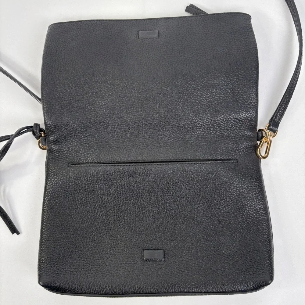 Tory Burch Thea Messenger Bag Black Pebbled Leather Tassel Crossbody Gold Logo